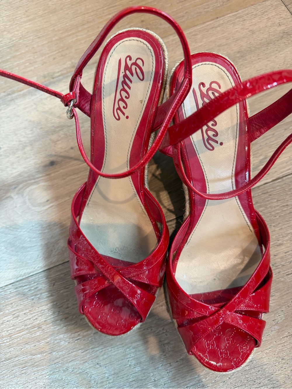 Gucci Red Patent Leather Crisscross Ankle-Strap Heels